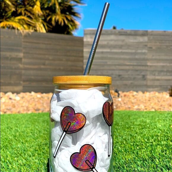 Heart Sucker Custom 16 oz Glass With Lid and Metal Straw Iced Coffee, Cocktails - Picture 1 of 5